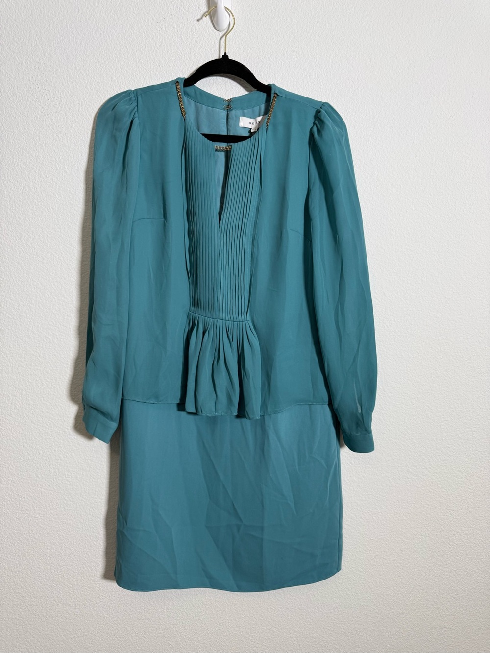 Reiss Daze Chain Neck Dress Emerald Sea Teal Pleated Shift Mini Dress NWT